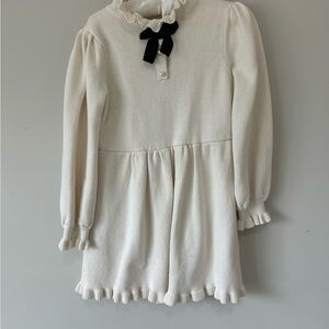 Janie and Jack Cream Knit Dress with Black Bow Accent